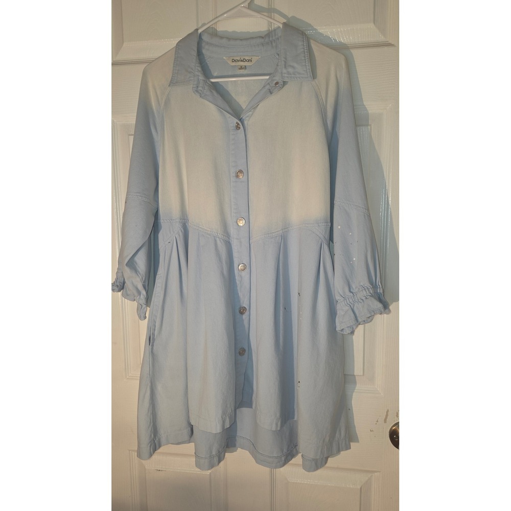 Davi & Dani Light Blue Bleached Paint Splatter Denim Shirt Dress Medium